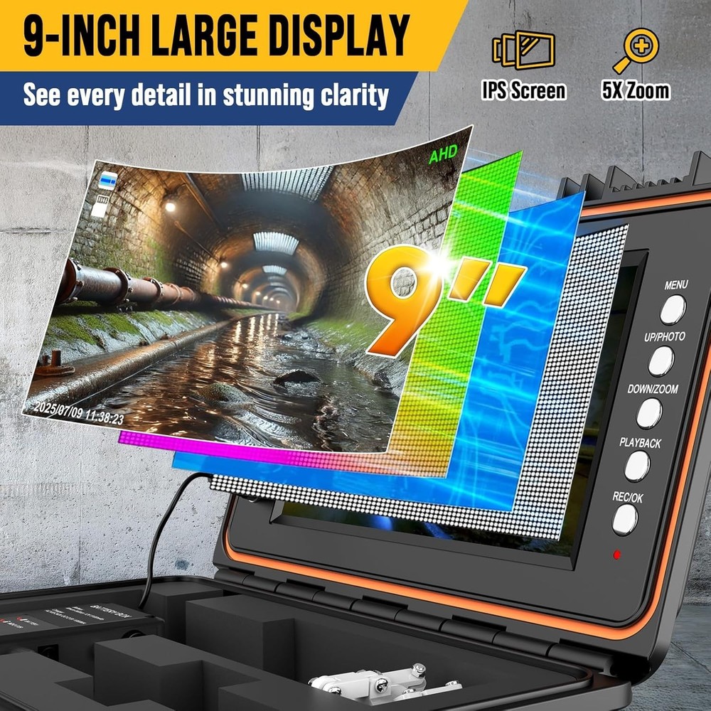 9" 100ft Self-Leveling Sewer Camera Pipe Inspection Camera with Meter Marking