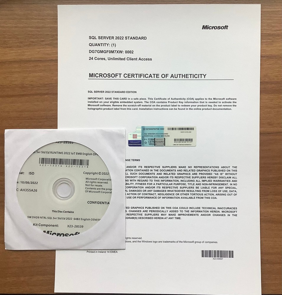 SQL Server 2022 Standard 24 Core DVD COA Unlimited User CALs License RETAIL