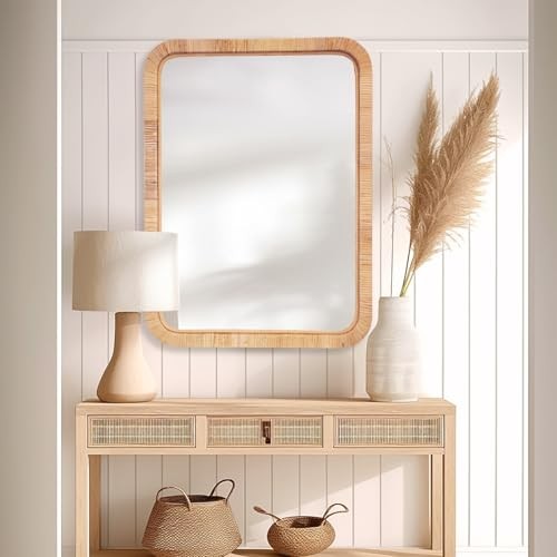 Rattan Mirror,Rectangle Boho Bathroom Mirror for 30"L x 22"W Nature Rectangle