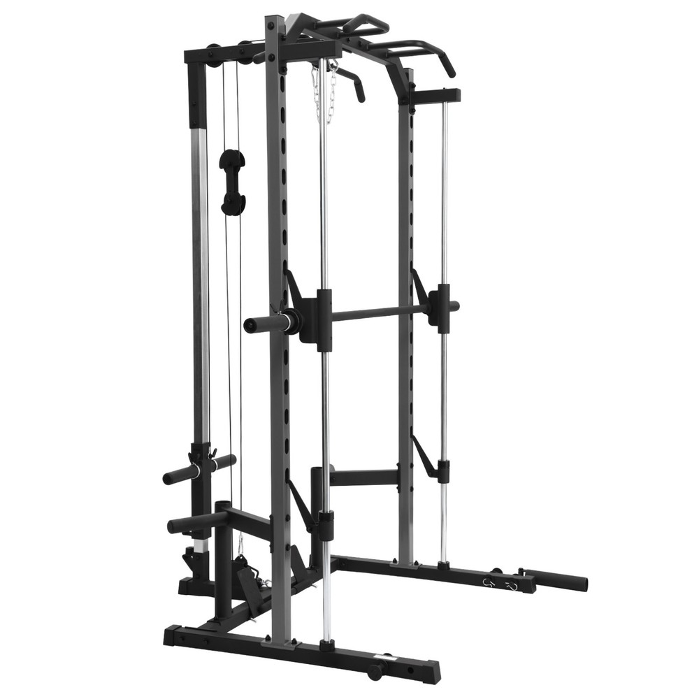 Power Cage Smith Machine Multi-Function Power Rack w/ LAT Pulldown & Barbell Bar