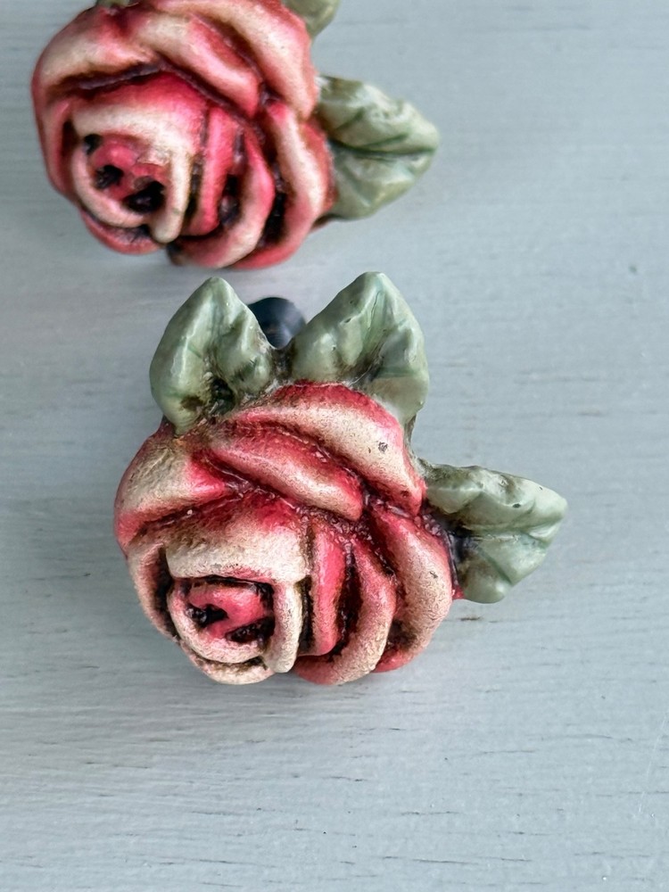 6 Vintage Decorative Drawer Pulls Knobs ROSES Flowers Pink Green A Special Place