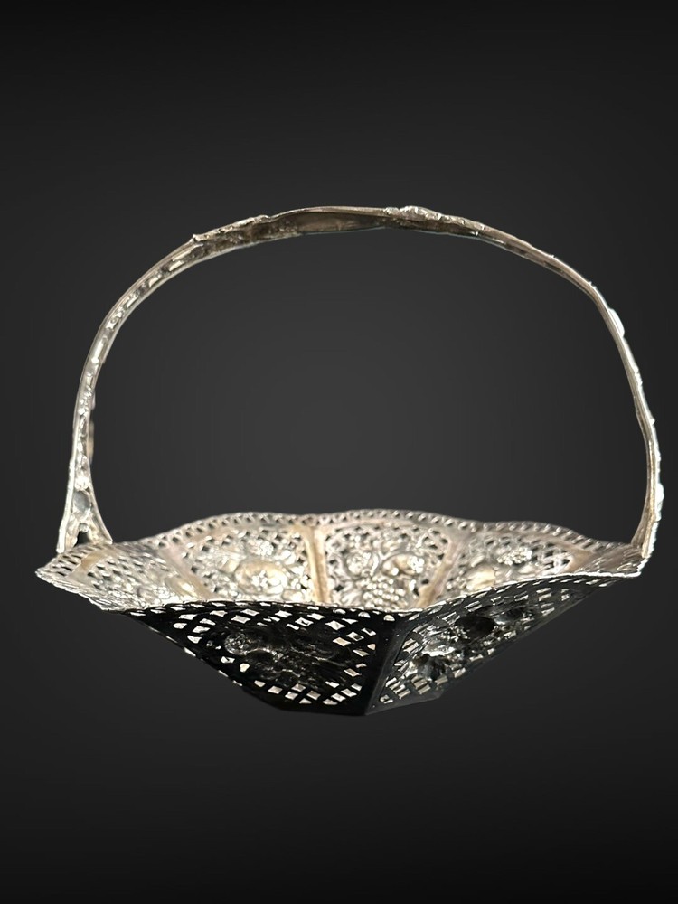 Antique German Solid 800 Silver Repousse Hallmarked Ornate Basket with Handle