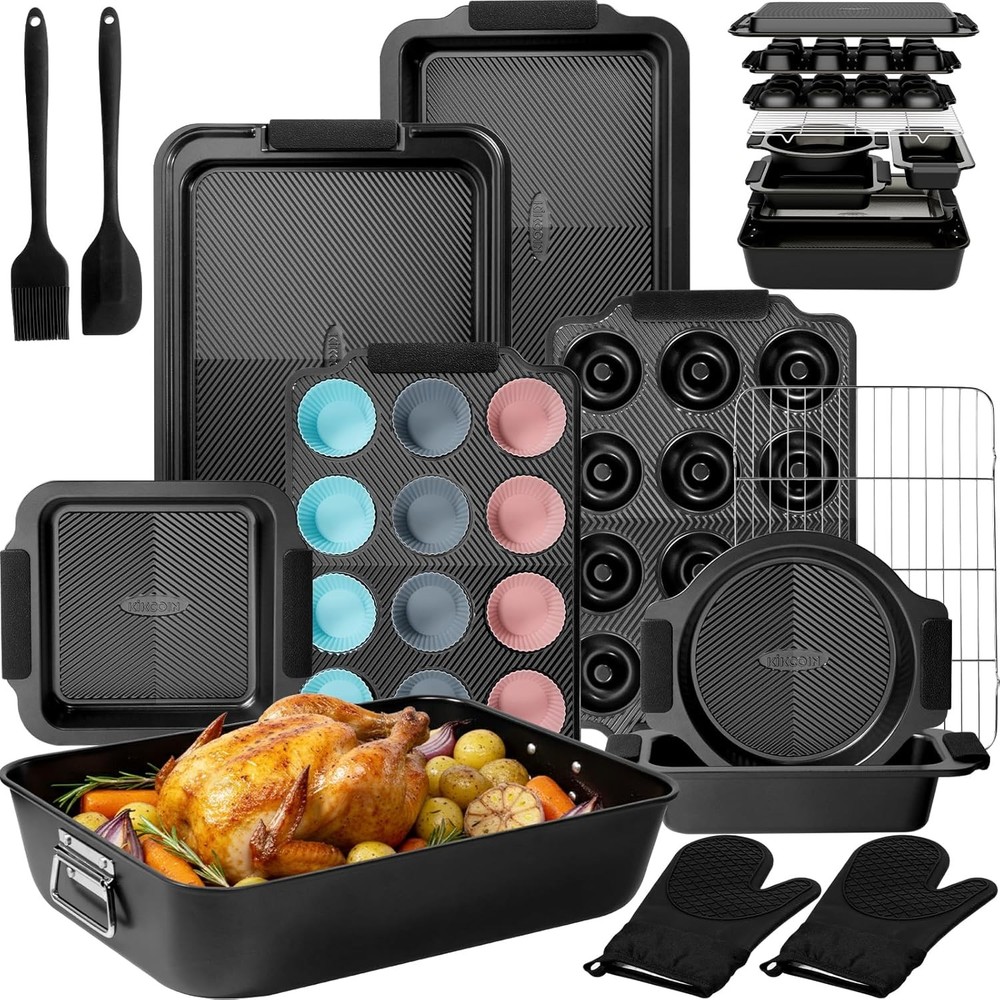 25 PCS Stackable Baking Pans Set Non-stick Bakeware Sets W/ Silicone Handles