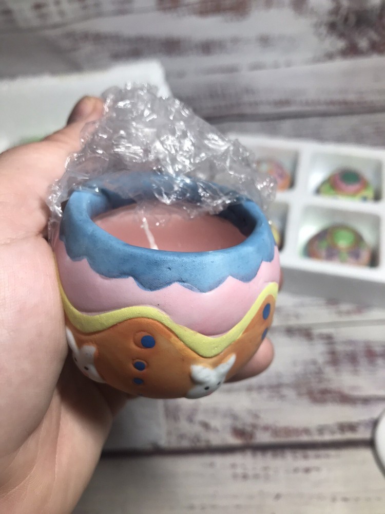NEW Open BOX Ceramic Easter Egg Candles 6 pc. Unscented Hand Painted Colors