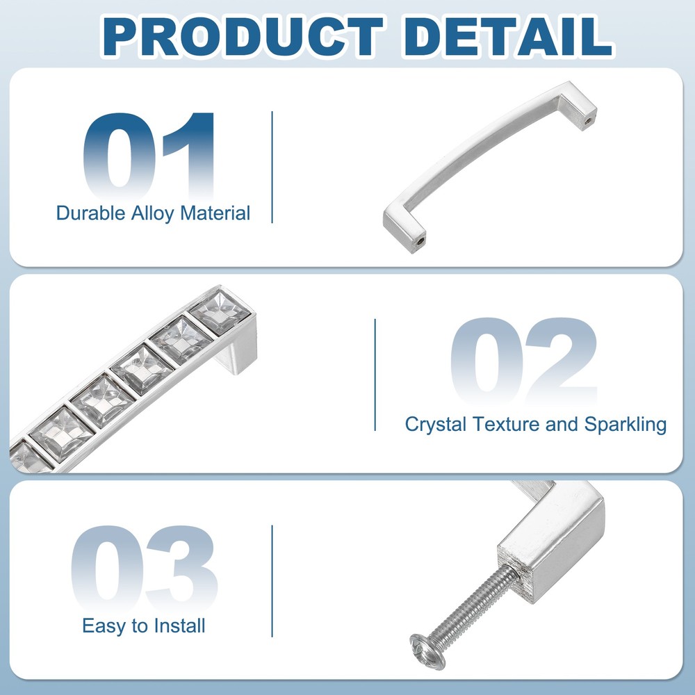 U Shape Crystal Glass Drawer Cabinet Pulls, Silver (5" Hole Centers, 2 Pack)