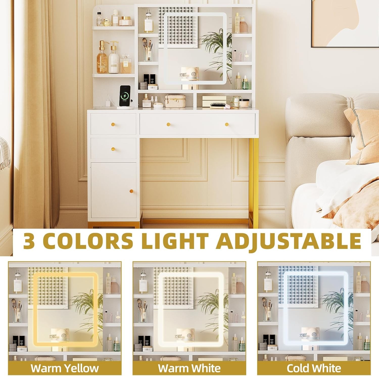 White Vanity Desk w LED Mirror, Makeup Table with Lights, Power Outlet & Storage