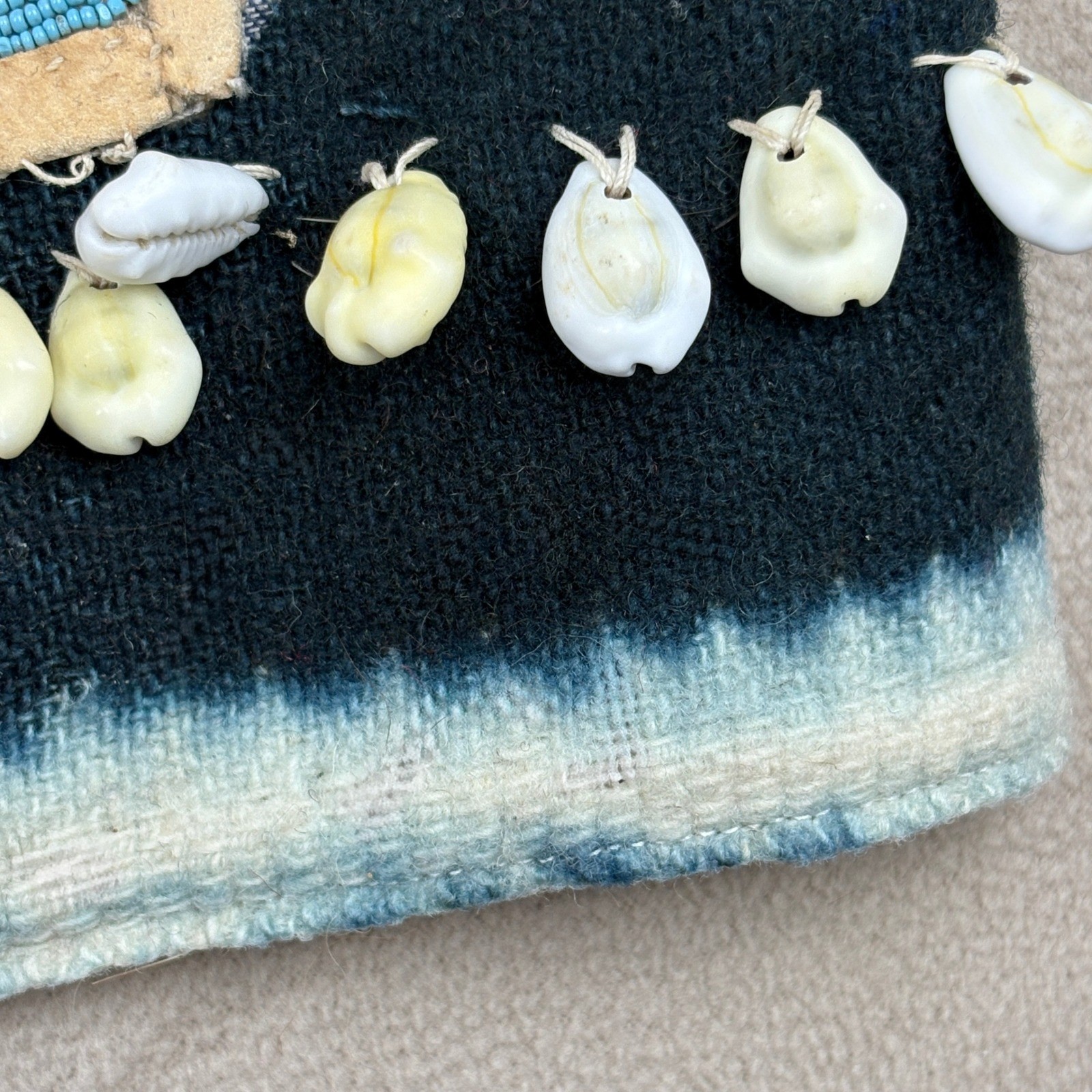 Antique Native American Wool Vest w Old Beaded Detail Cloth Lining Conch Shells