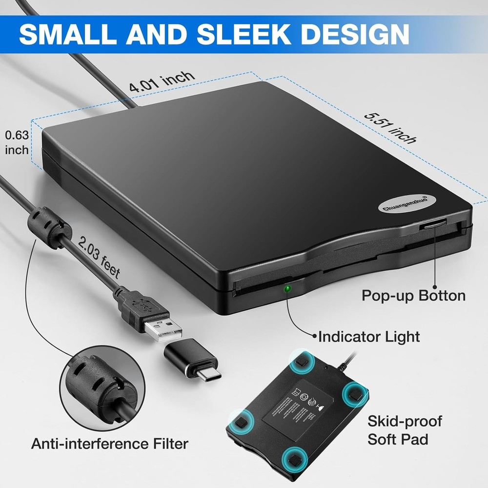 Floppy Disk Reader USB 3.5 Inch 1.44MB External Drive for Windows PCs Laptops
