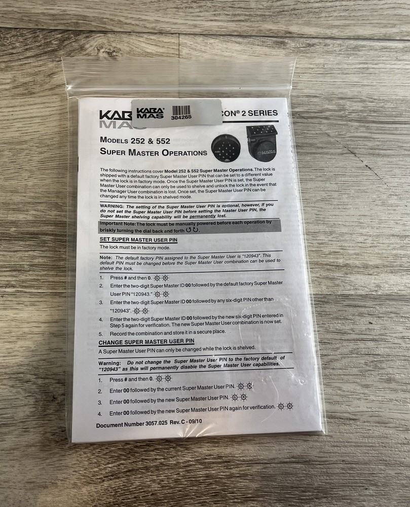 Kaba Mas Standard Digital Safe Lock 304265 Model 252 552 Manual Instructions