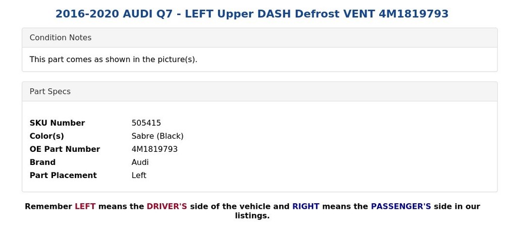 2016-2020 AUDI Q7 - LEFT Upper DASH Defrost VENT 4M1819793