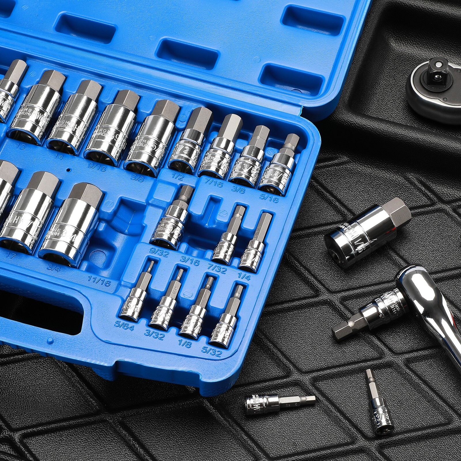 33PCS Hex Bit Socket Set, 1/4", 3/8" and 1/2" Drive, SAE & Metric Allen Socket
