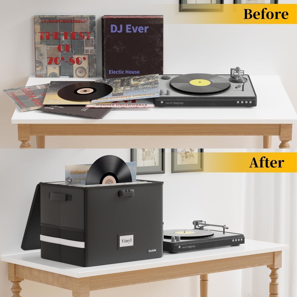 DocSafe Fireproof Vinyl Record Storage Box with Lock,Large Record Organizer S...