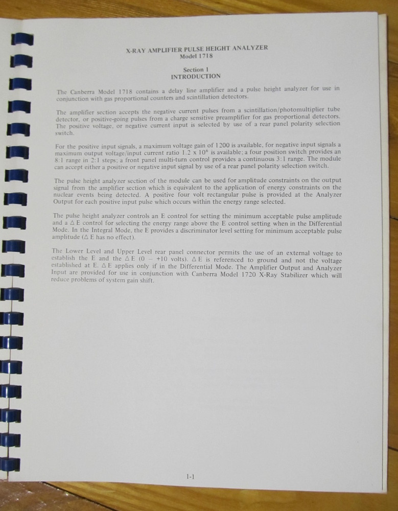 1971 CANBERRA X-RAY Amplifier Pulse Height Analyzer 1718 INSTRUCTION MANUAL