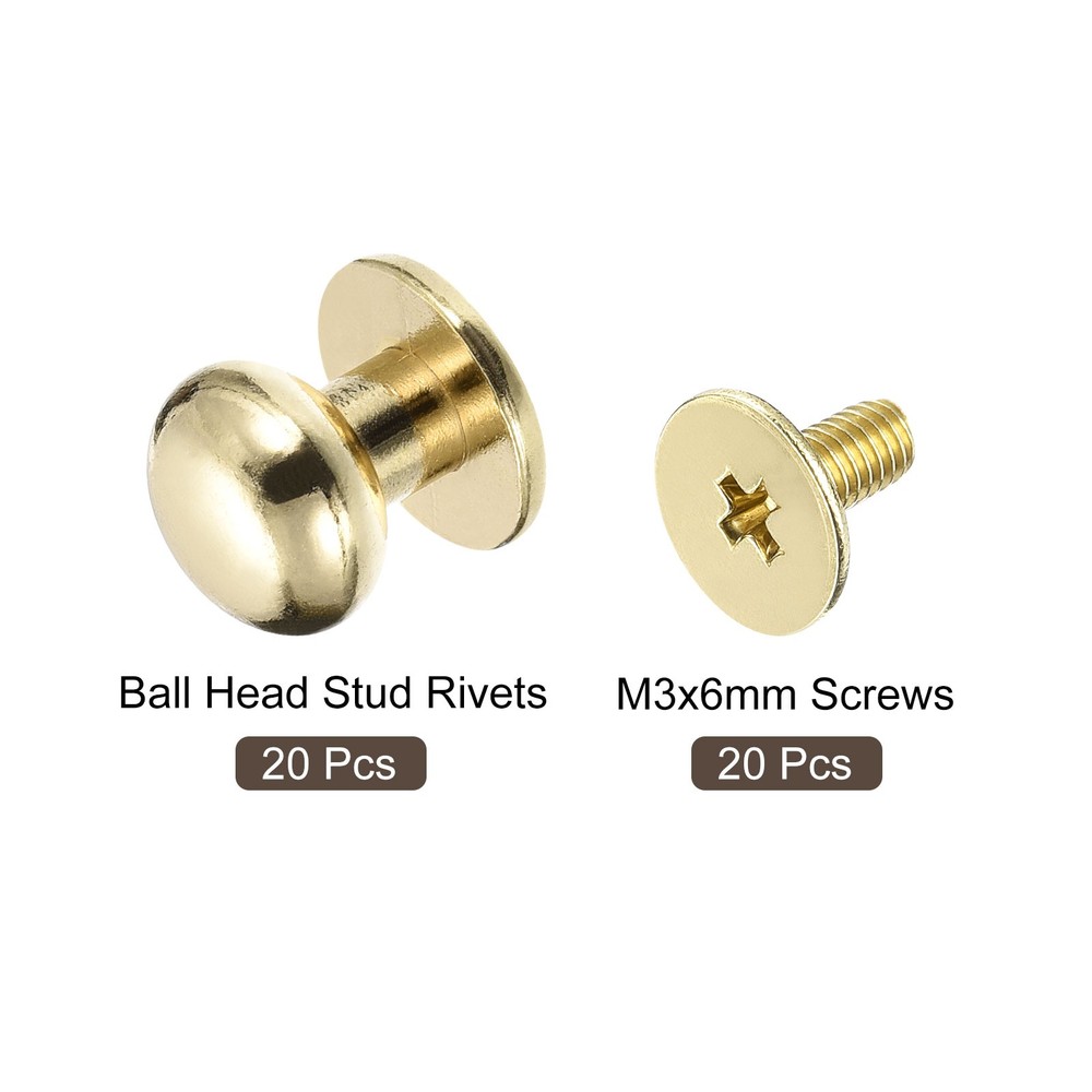 9mm Ball Head Stud Rivets Screw Back, 20Pack Round Head Button, Light Golden
