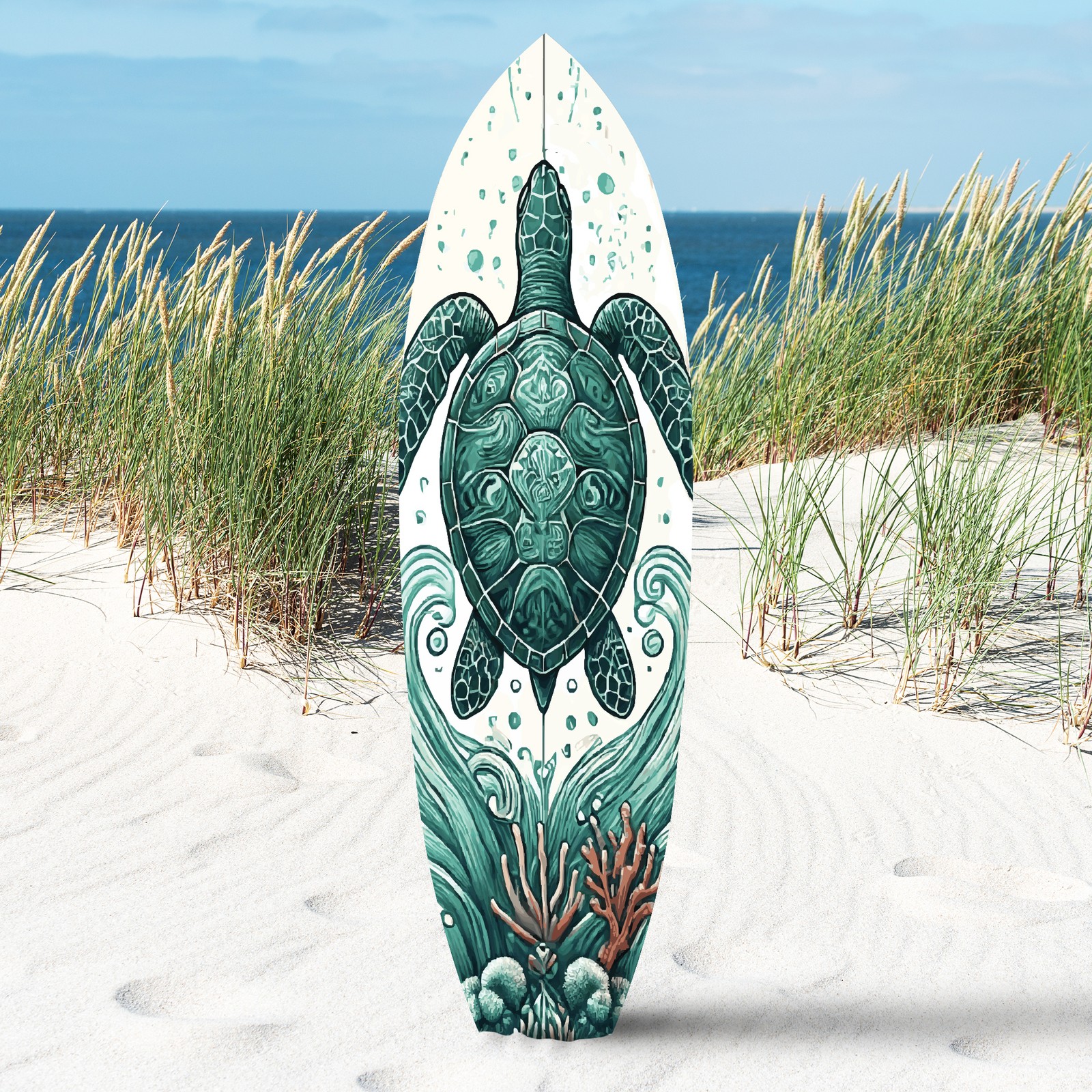 Outdoor Turtle Surfboard Wall Art, Coastal Beach Sign, Patio Decor, 3 - 5 feet