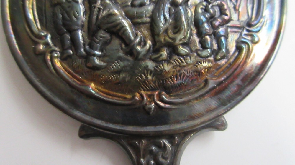 Victorian Ladies Pocketbook Purse Silver Hand Mirror with Black Satin Cover