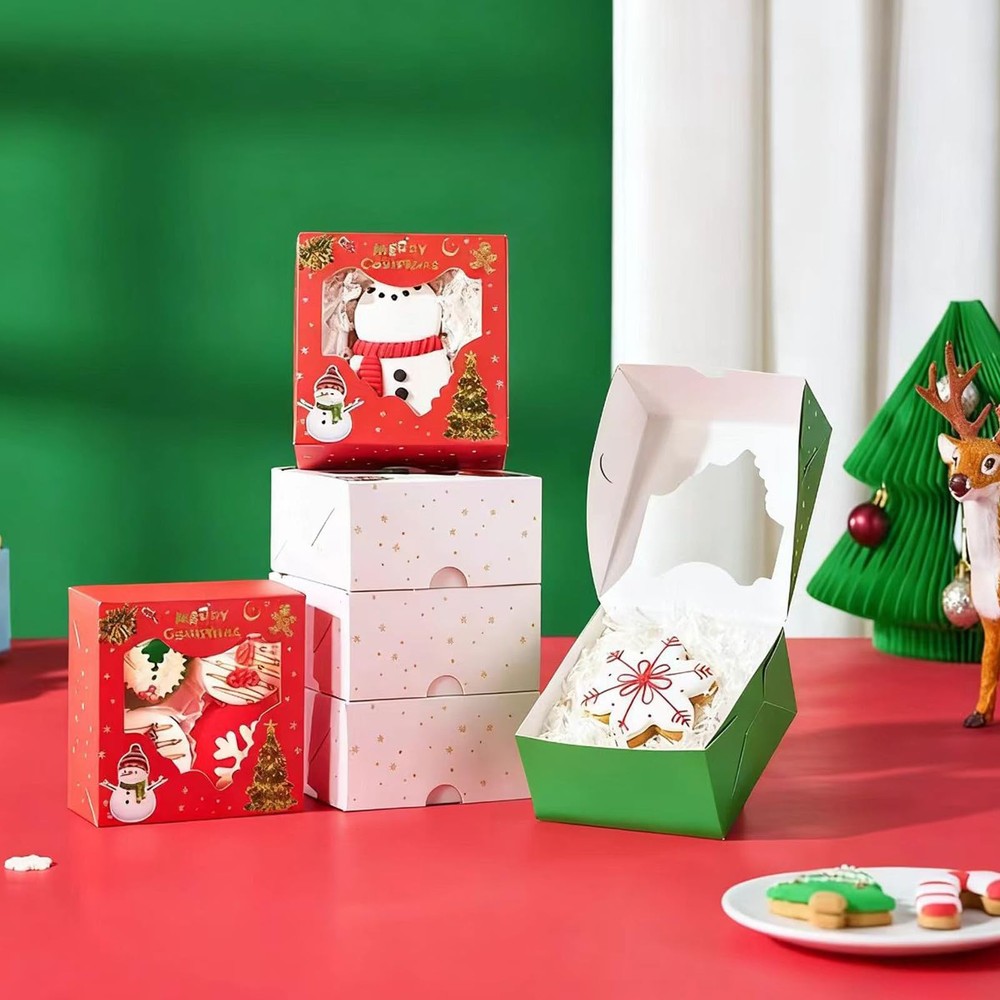 24PCS 4x4x2 Inch Christmas Bakery Boxes(3 Patterns, Clear Window) Ideal for P...