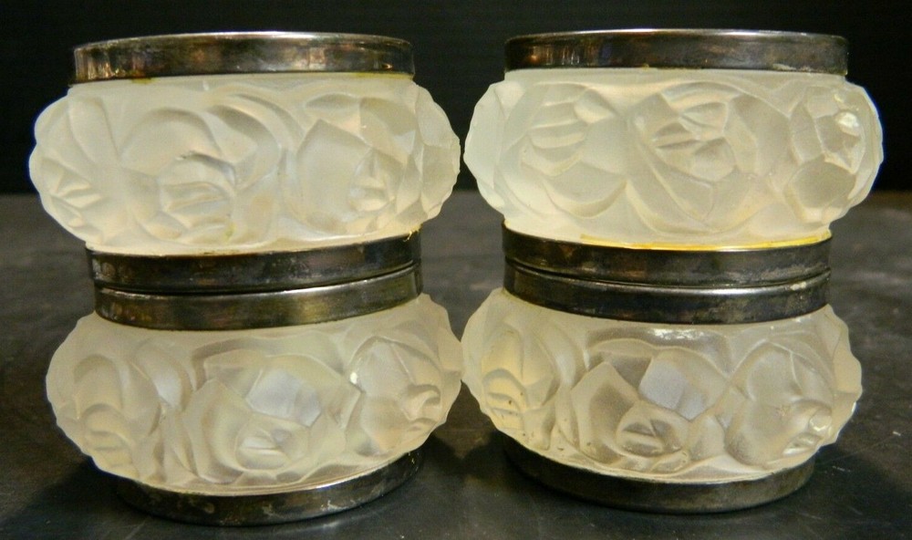Vintag Set of (4) William Adams Frosted Crystal Rose Silverplate Napkin Rings VG