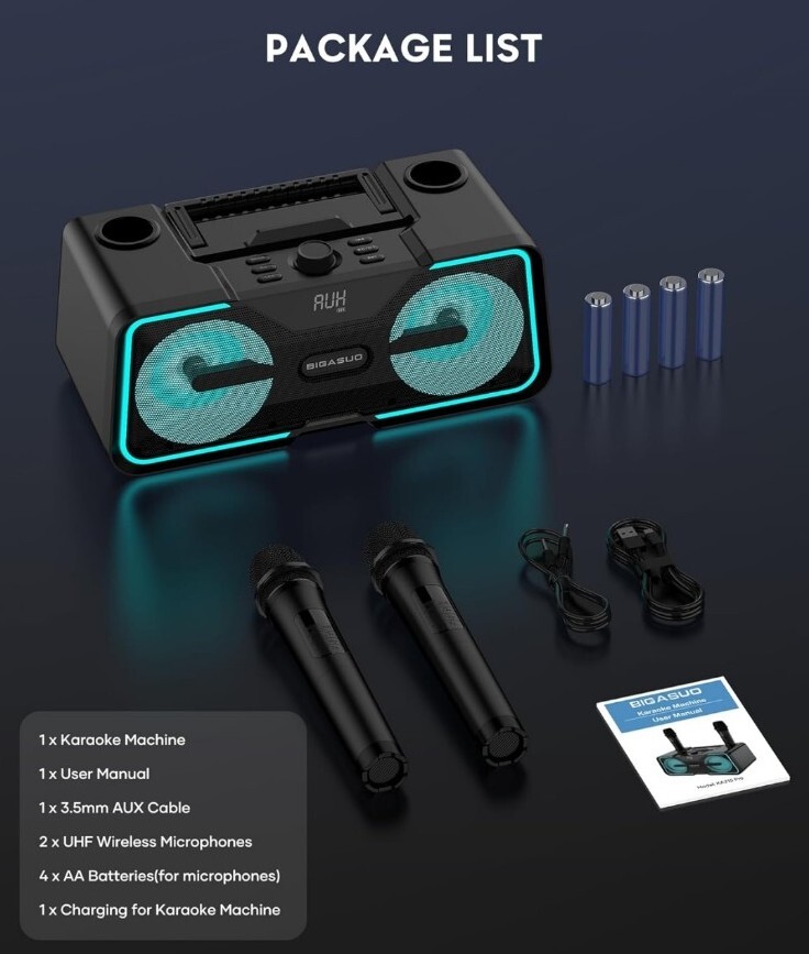 Portable Bluetooth Karaoke Machine with LED Lights & 2 UHF Wireless Microphones*