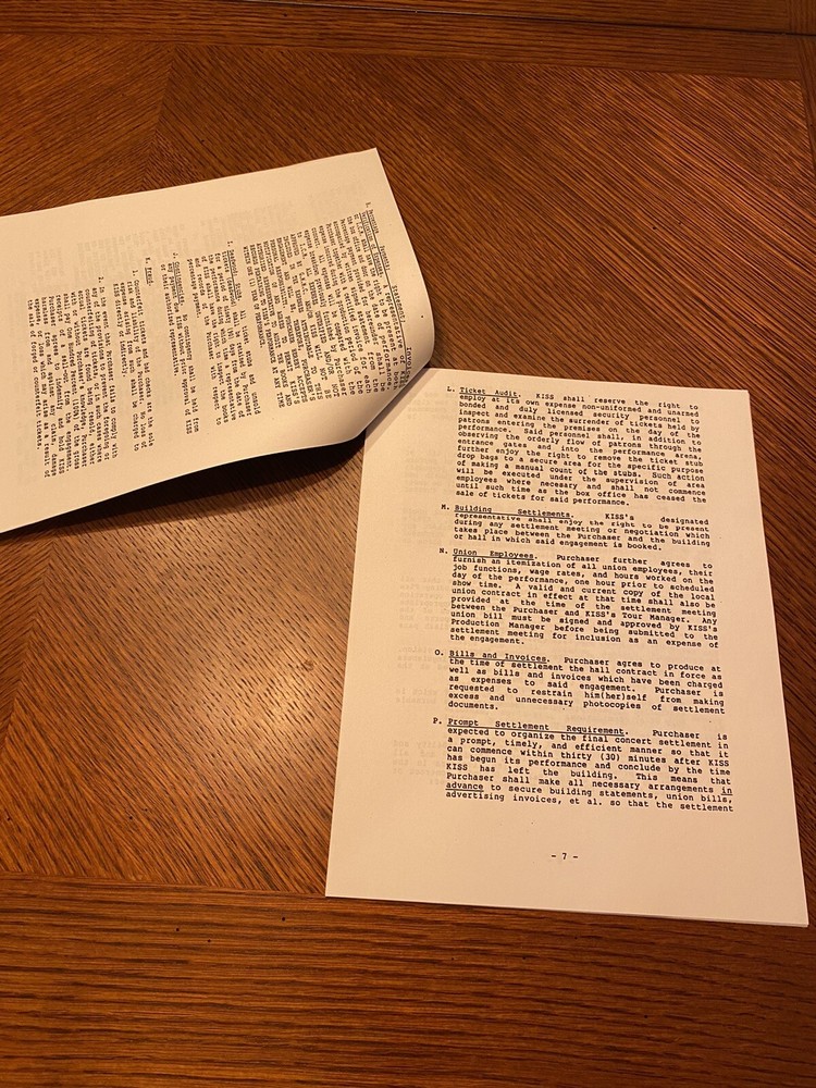 KISS 1980's concert tour rider contract hand signed notes COPY Gene Simmons