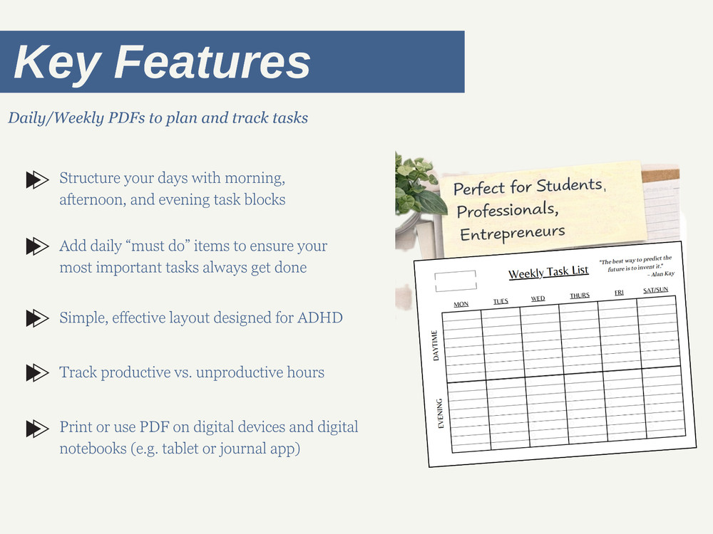ADHD Daily Weekly PDF Planner | Daily Task Focus, Time Tracker | Digital Downloa