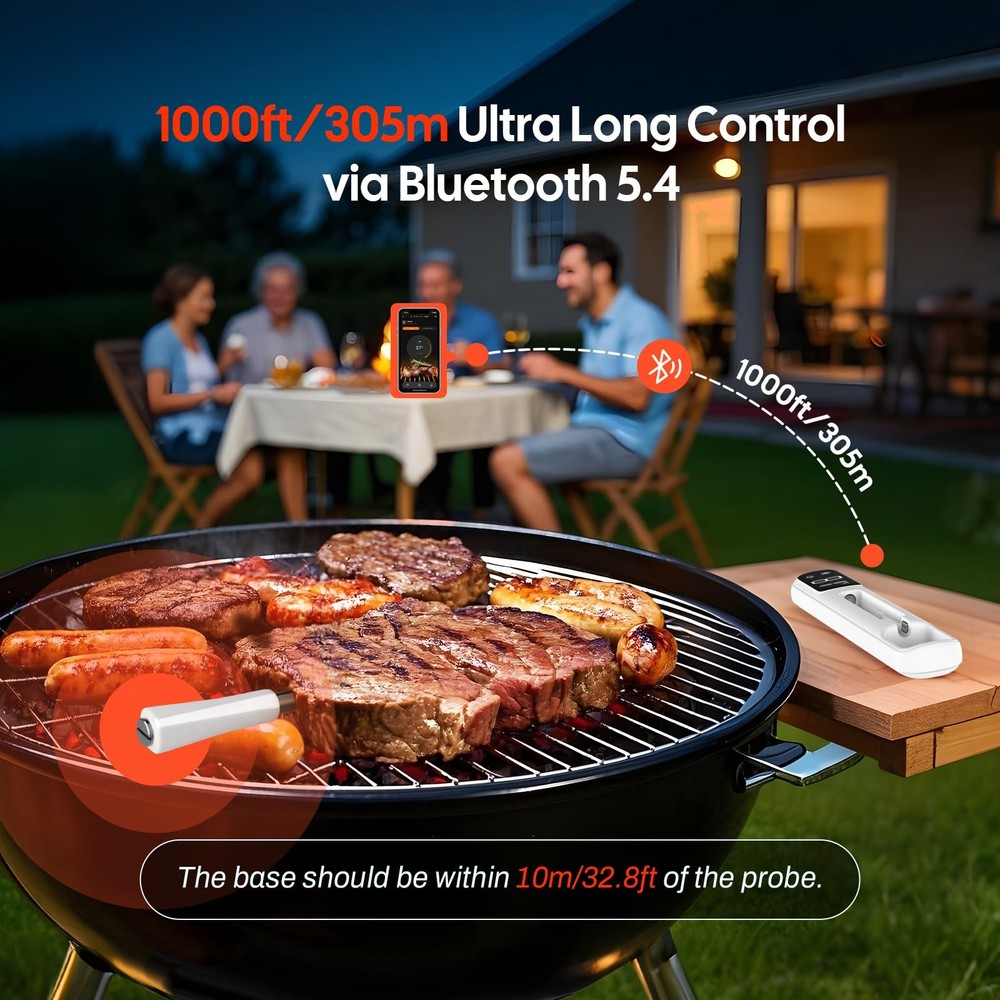 Wireless Meat Thermometer - Bluetooth 1000ft Range, Waterproof, Ideal for BBQ