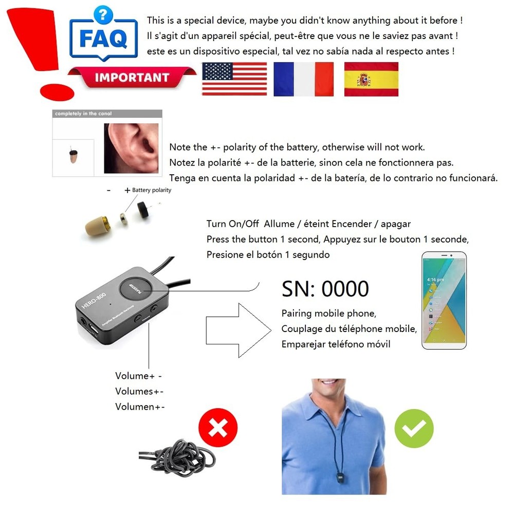 Wireless Neckloop Amplifier with CIC Earpiece 45-100dB T-Coil Hearing Support