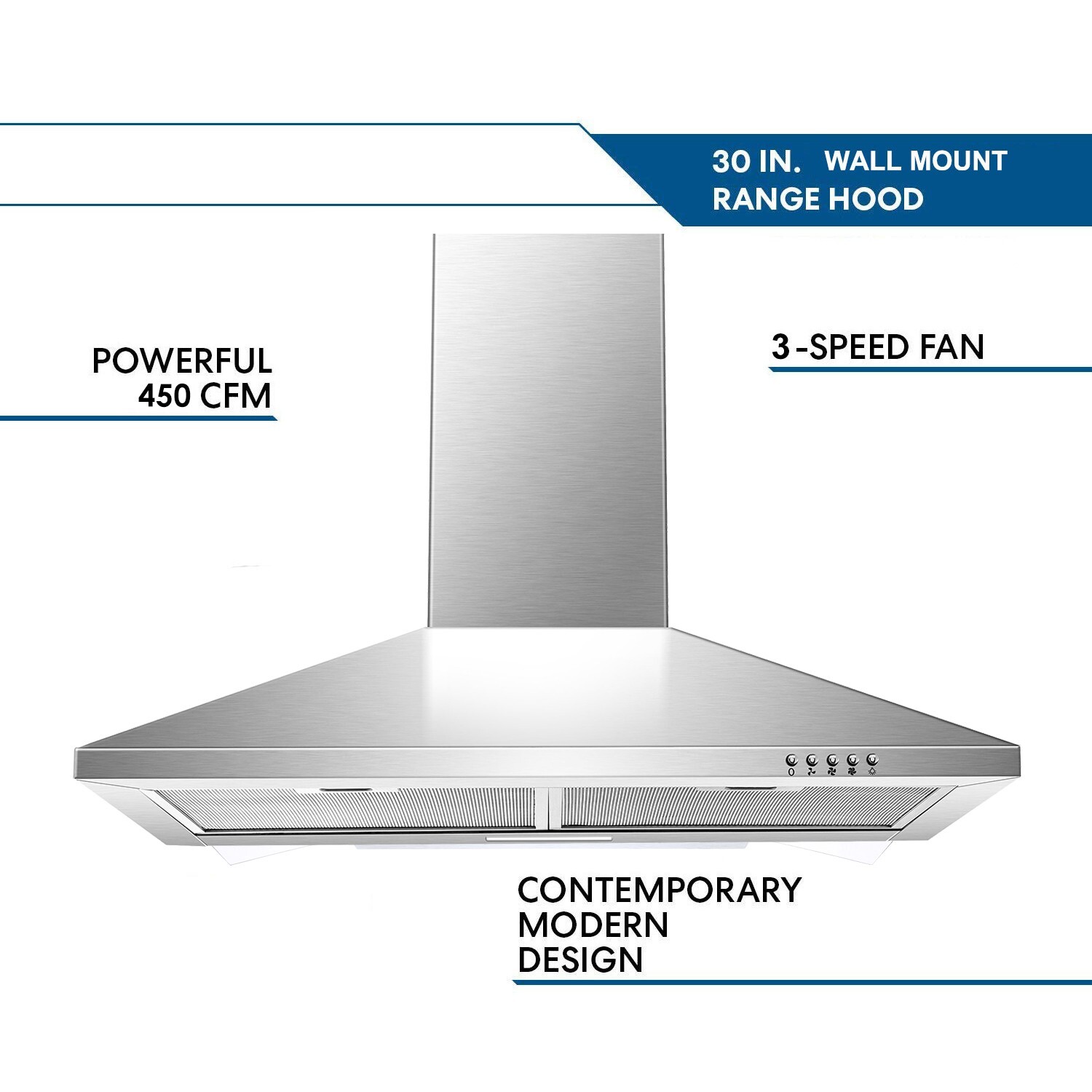 30 Inch Wall Mount Range Hood 500 CFM Stainless Steel 3 Speed Kitchen Vent