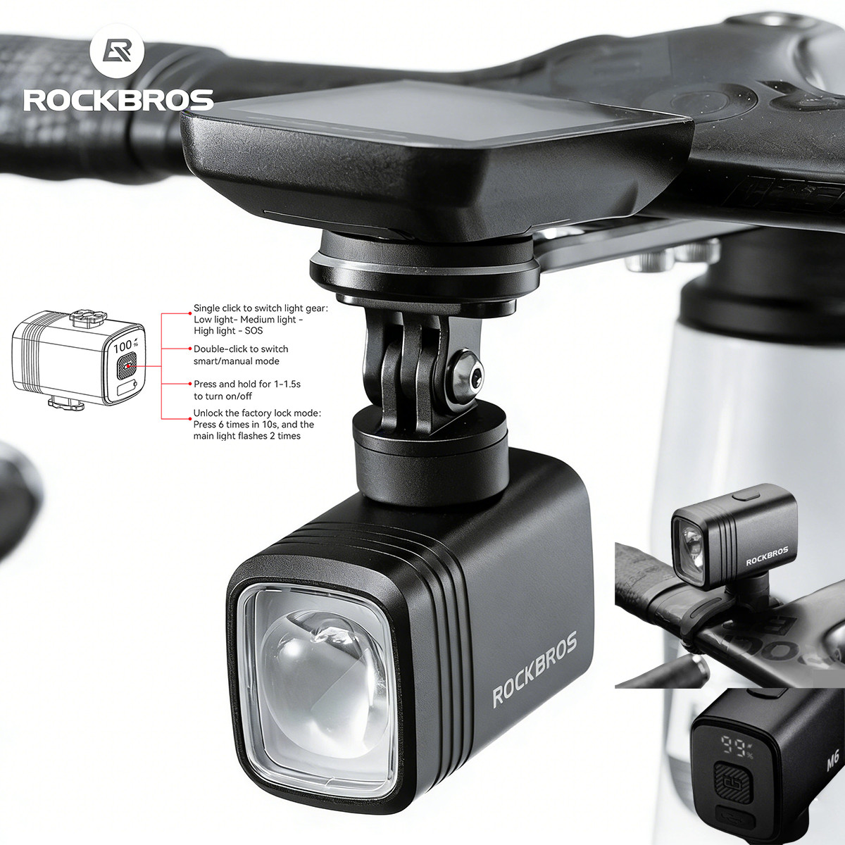 ROCKBROS Super Bright LED Bike Light USB Recharge Smart Front Headlight 1000LM