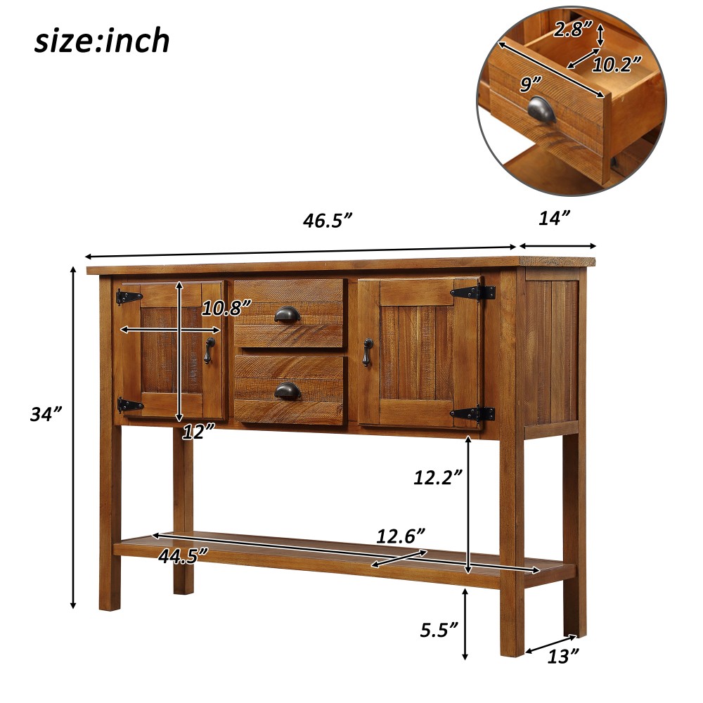 46" Solid Wood Sideboard, 2 Drawers & Cabinets with Bottom Shelf