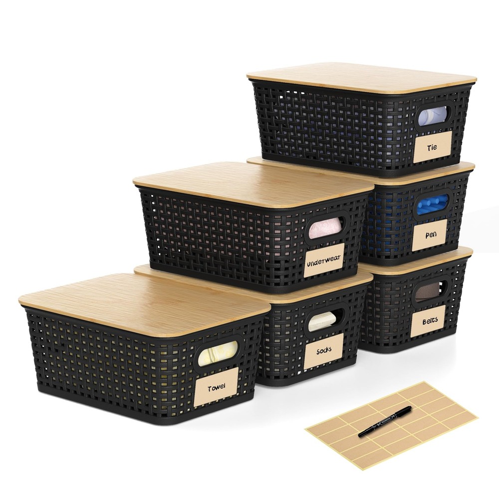 Plastic Storage Baskets with Lids and Labels, Stackable Storage Containers, S...