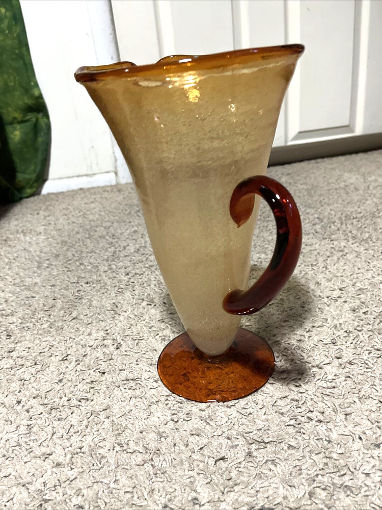 Large Hand Blown Orange/brown Glass Controlled Bubble Pitcher Applied Handle