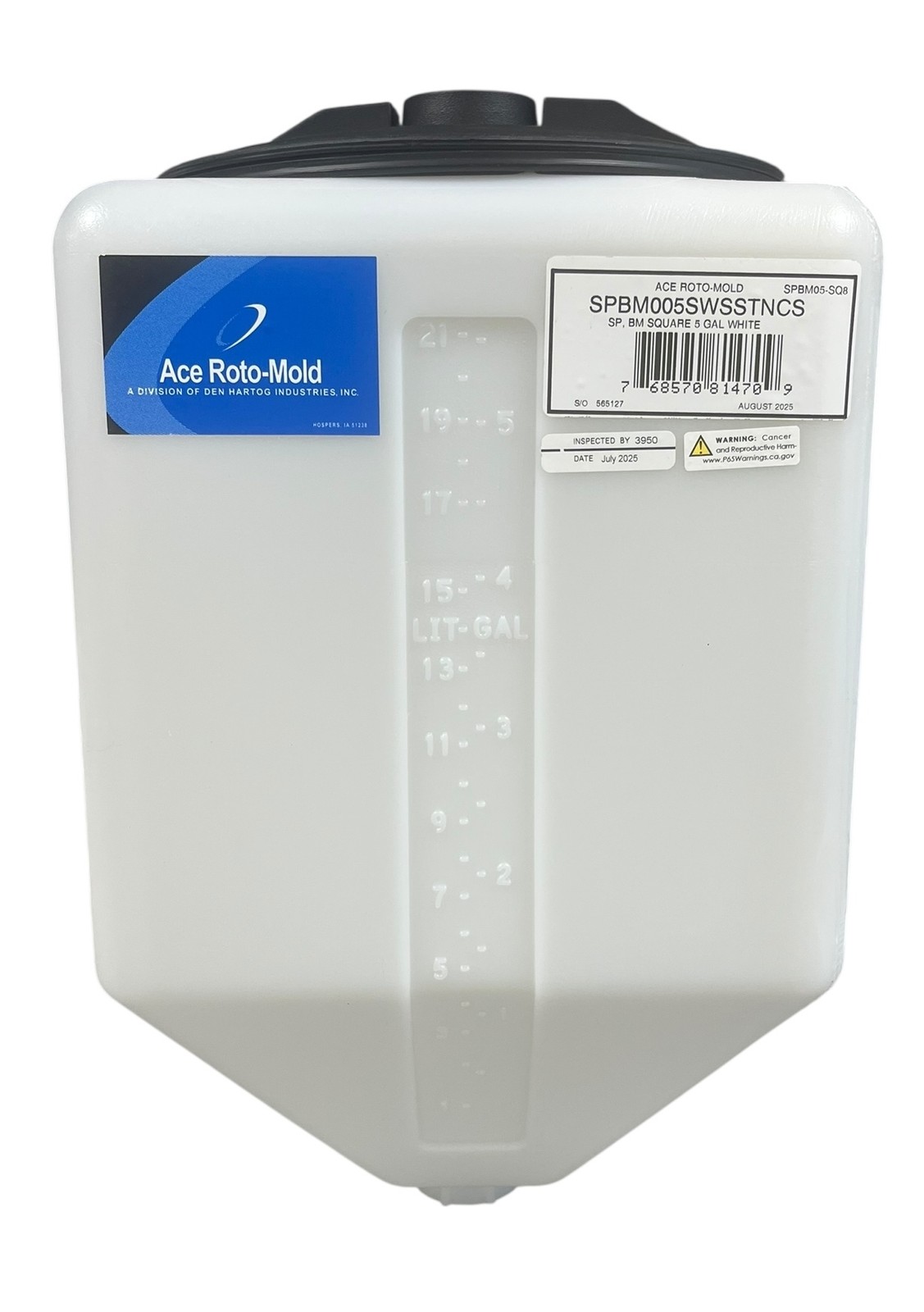 Ace Roto-Mold Blow Molded 5 Gallon Square Rinse White Tank 8" Lid - SPBM05-SQ8