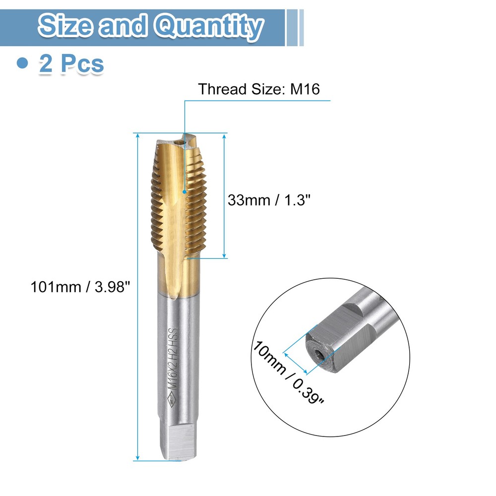 Spiral Point Threading Tap M16 x 2 Thread Titanium Coated HSS 2pcs