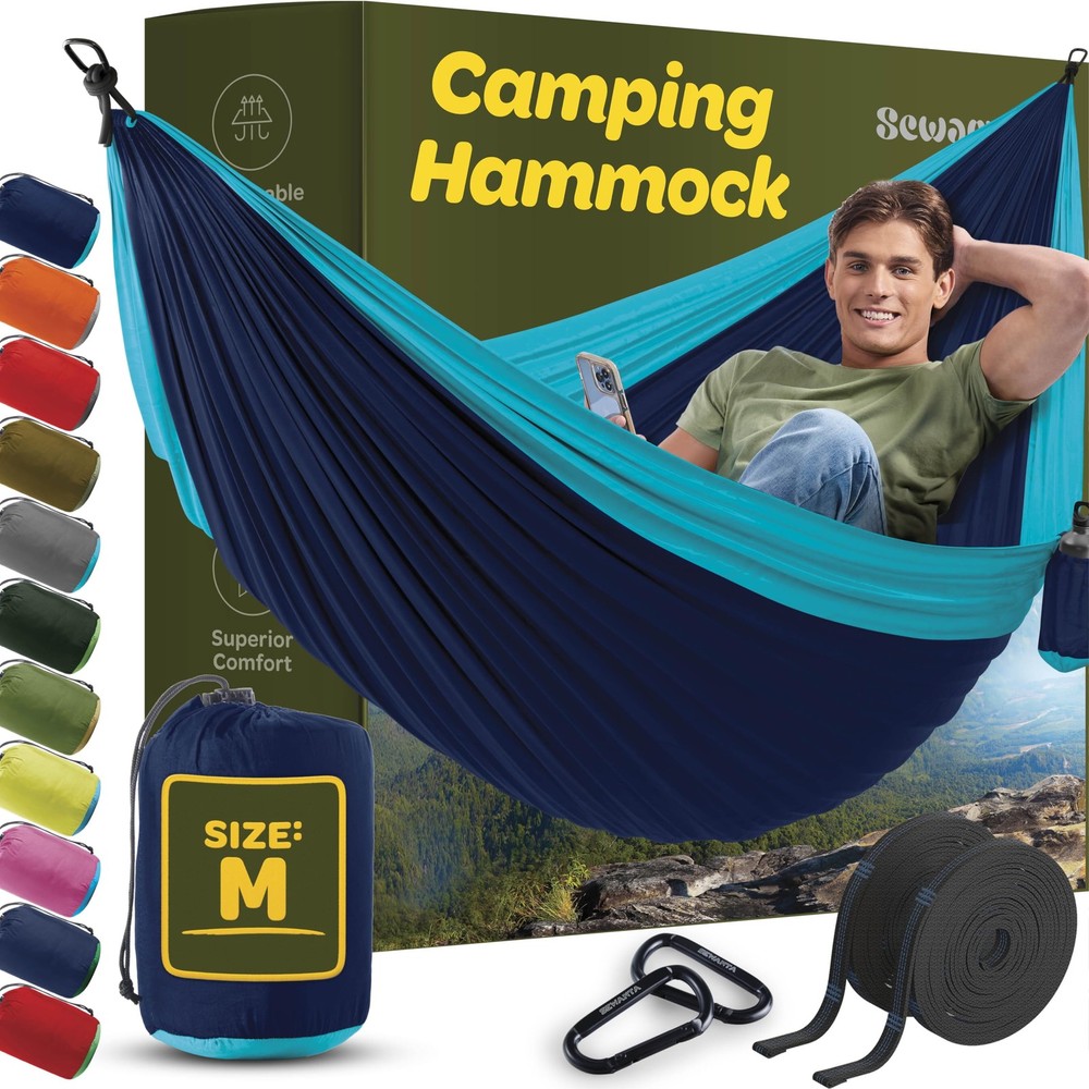 Durable Hammock 400 lb Capacity, Nylon Camping Medium, Blue & Light