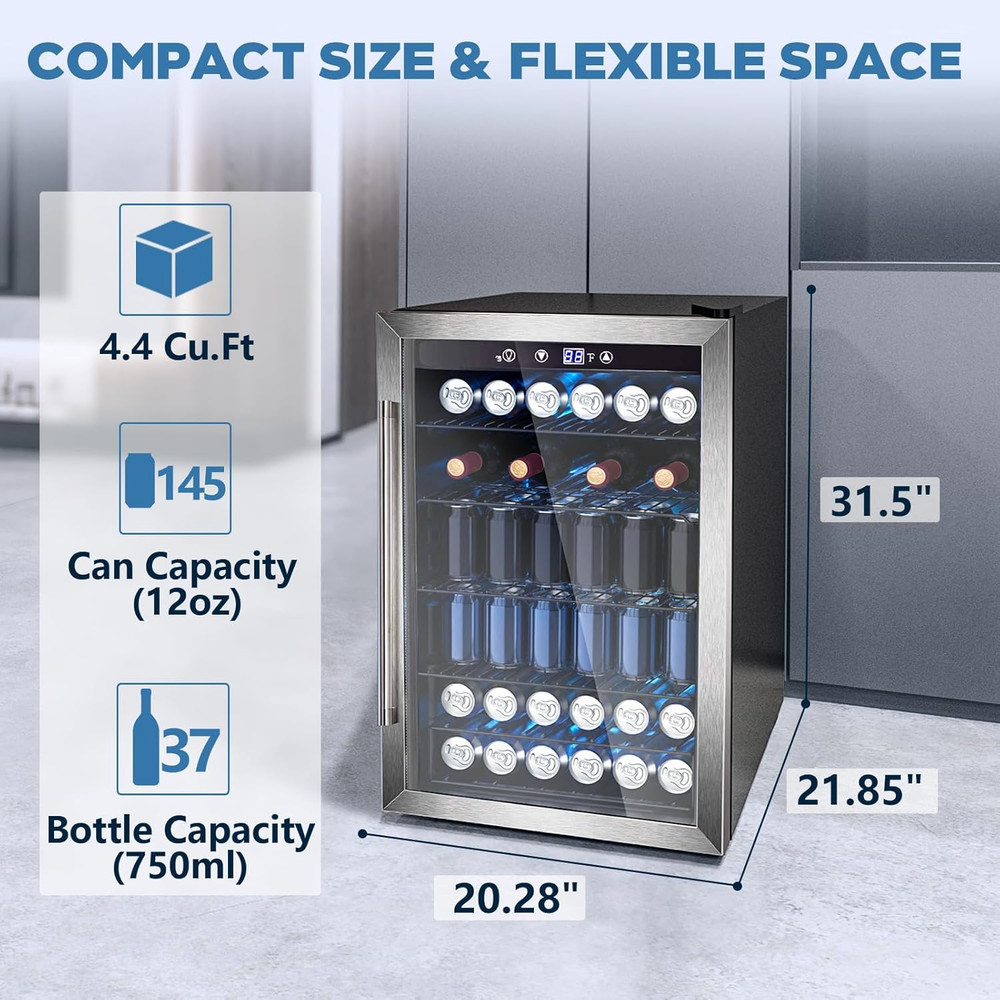 Large Beverage & Wine Fridge with Smart Temp Control & Child Lock