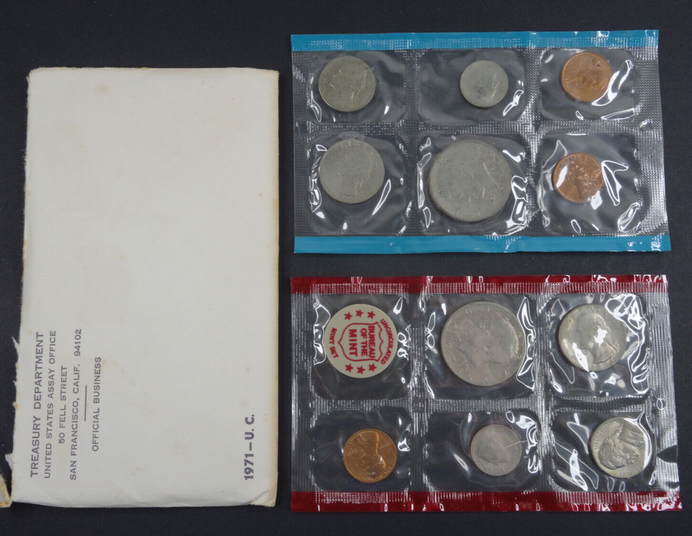 (5) 1971 P & D US Mint Uncirculated Sets 55 Coins OGP Original Envelopes