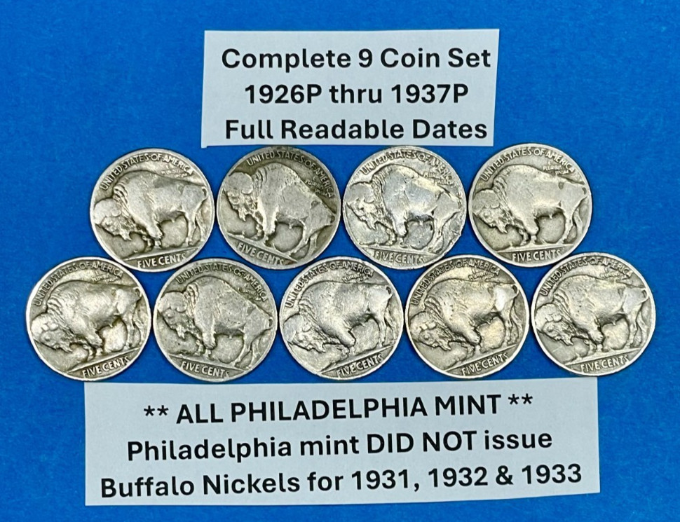 Complete Buffalo Nickels Set of 9 FULL DATE COINS 1926P to 1937P ~ SHARP COINS!