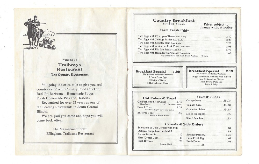 Effingham Trailways Restaurant Menu Effingham, Il