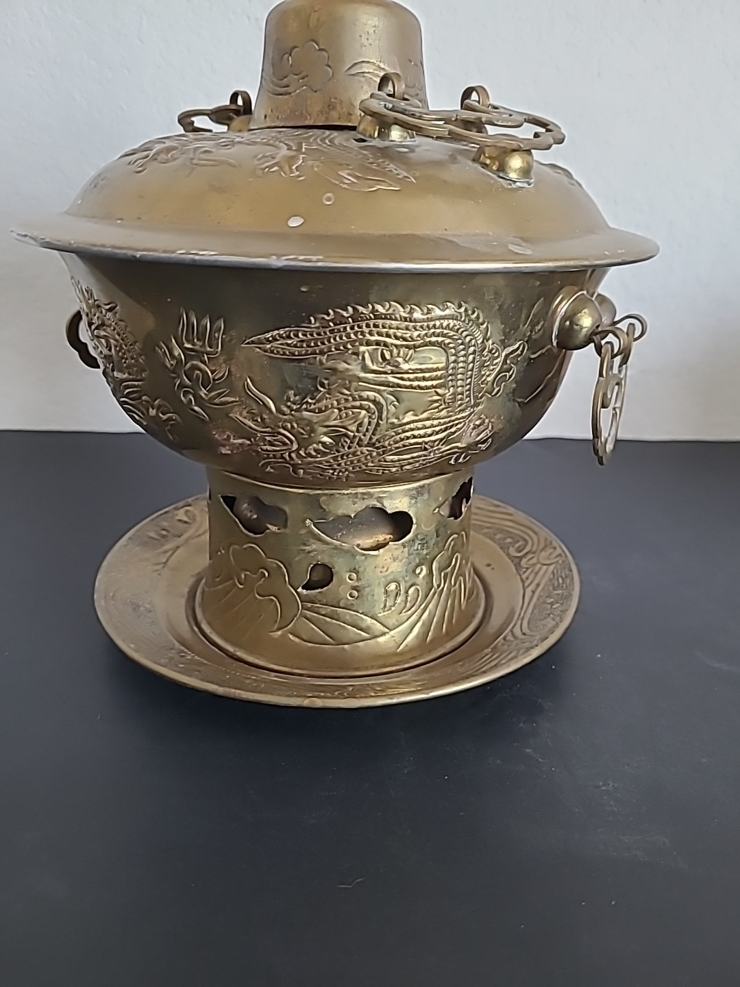 Vintage Chinese Shabu Pot Brass Hot Pot Chiseled Dragon