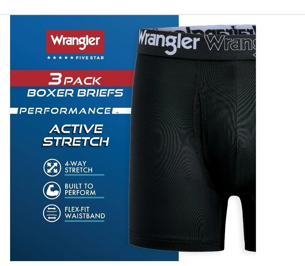 Wrangler Five Star 3 Pack Boxer Briefs Performance Active Stretch Black Size L