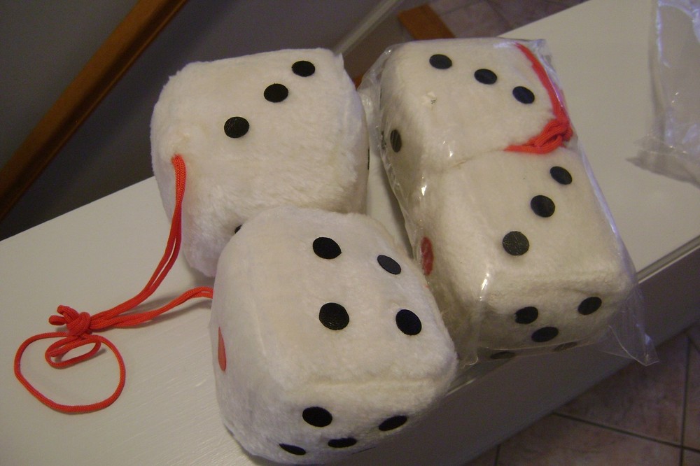 TWO STUFFED HANGING DICE WHITE WITH BLACK DOTS