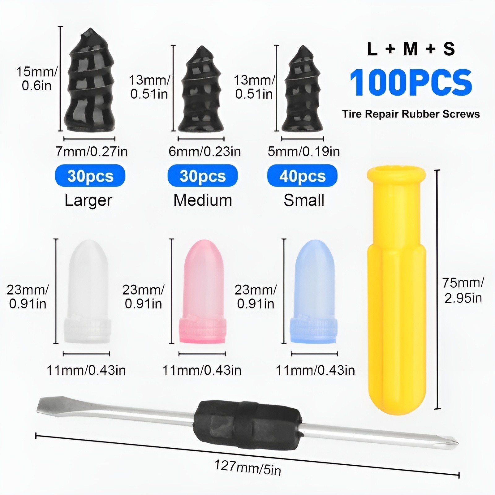 100PCS Tire Repair Screws Kit With Screwdriver 3 Sizes Rubber Plugs Flat Tires