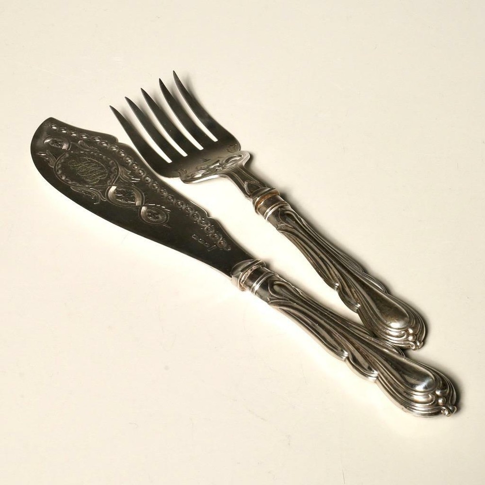 Atkins Bros Sheffield Etched Fish Knife Fork Serving Set Antique