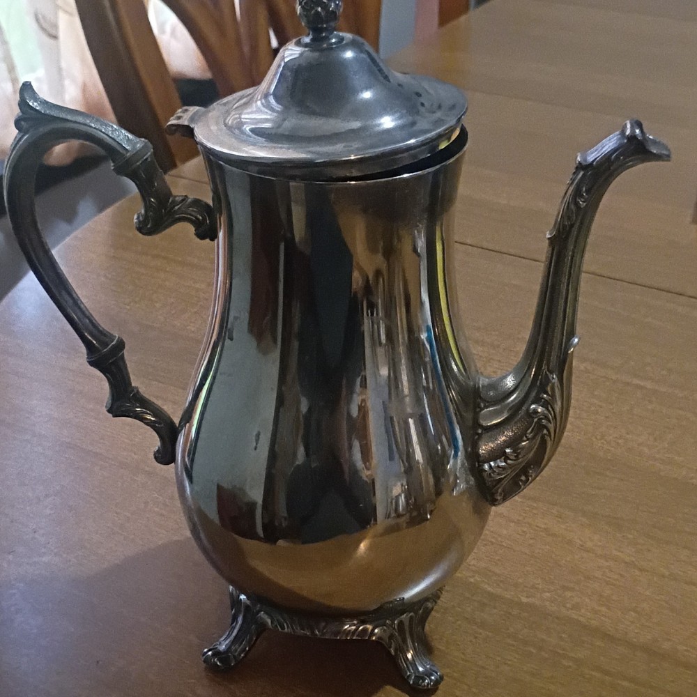 Victorian Style Silverplate Ornate Coffee Pot with Lid and Decorative Handle