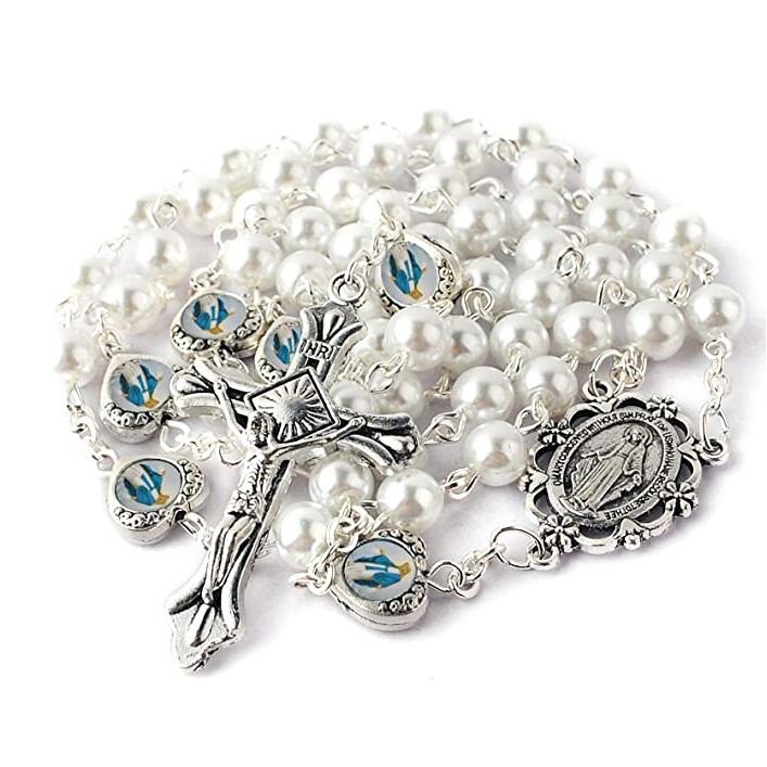 Catholic Town Glass Pearl Beads with Miraculous Epoxy Heart Metal Beads Rosary