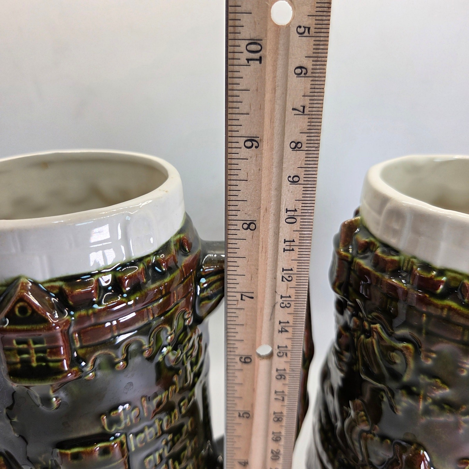 Vintage German Style Beer Steins Pair Signed “Sam :)” 8.5” Brown Glaze