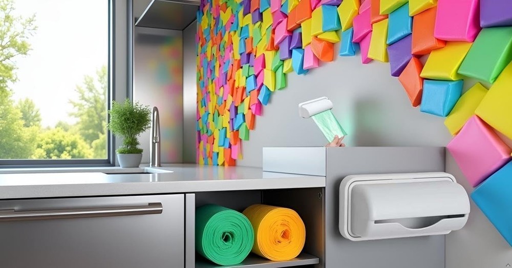 Gray wall-mounted garbage bag dispenser, small kitchen storage accessory