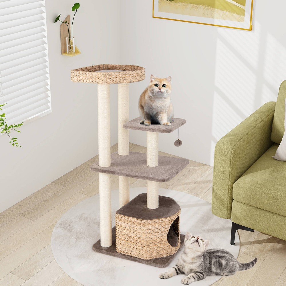 52" Cattail Cat Tower w/ Sisal Scratching Posts Perch Dangling Ball Cat Tree
