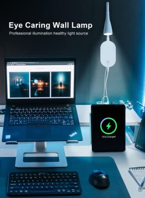 LED Wall Mount Reading Light for Bed, Reading Lamp with USB White-2 Pack